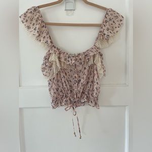 Love Shack Fancy floral blouse w ruffles & lace. matching skirt listed. size xs